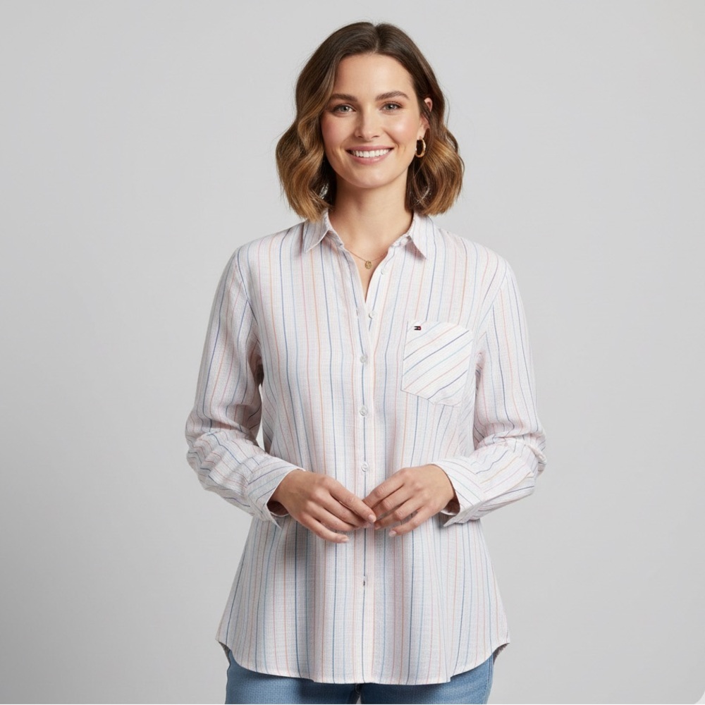Tommy Hilfiger Women's Cotton Striped Roll Tab Blouse colorful